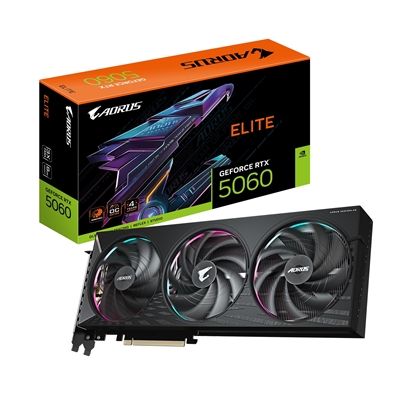 AORUS GeForce RTX 5060 ELITE GDDR7 Graphics Card, 3840 CUDA Cores, 2722 MHz Core Clock, Triple Fan, 3x DisplayPorts / 1x HDMI Port