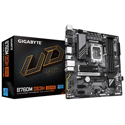 Gigabyte B760M DS3H GEN5 Intel Socket 1700 Motherboard, Micro ATX, 4x DDR5 Slots, 2x M.2 Sockets, 1x USB-C Port, 2.5GbE LAN, 1x D-Sub / 1x DisplayPort / 1x HDMI Port