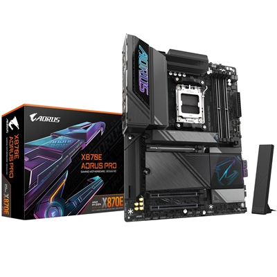 Gigabyte X870E AORUS PRO AMD AM5 Socket Motherboard, ATX, 4x DDR5 Slots, 4x M.2 Sockets, 3x USB-C Port, Fitted I/O Shield, 2.5GbE LAN, Wi-Fi 7, 2x HDMI Port / 2x USB-C (USB4)