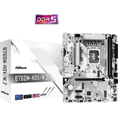 ASRock B760M-HDV/M.2 Intel 1700 Socket Motherboard, Micro-ATX, 2x DDR5 Slots, 2x M.2 Sockets, 2.5GbE LAN, 1x D-Sub / 1x DisplayPort / 1x HDMI Port