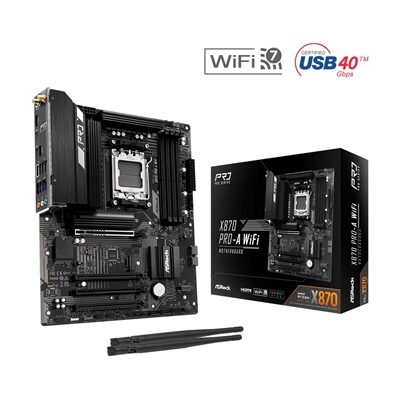 ASRock X870 Pro-A WiFi AMD AM5 Socket Motherboard, 4 x DDR5 Slots, 3x M.2 Socket, 2.5GbE LAN, Wi-Fi 7, 1x HDMI Port / 2x USB-C (USB4)