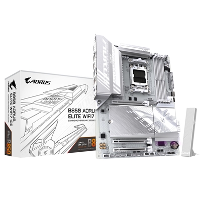 Gigabyte B850 AORUS ELITE WIFI7 ICE AMD AM5 Socket Motherboard, ATX, 4x DDR5 Slots, 3x M.2 Sockets, Fitted I/O Shield, 2.5GbE LAN, Wi-Fi 7, 1x DisplayPort / 1x HDMI Port