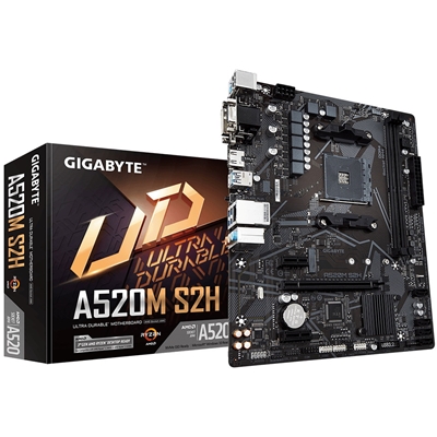 Gigabyte A520M S2H Ultra Durable AMD AM4 Socket Motherboard, Micro-ATX, 2x DDR4 Slots, 1x M.2 Socket, GbE LAN, 1x D-Sub / 1x DVI-D / 1x HDMI Port